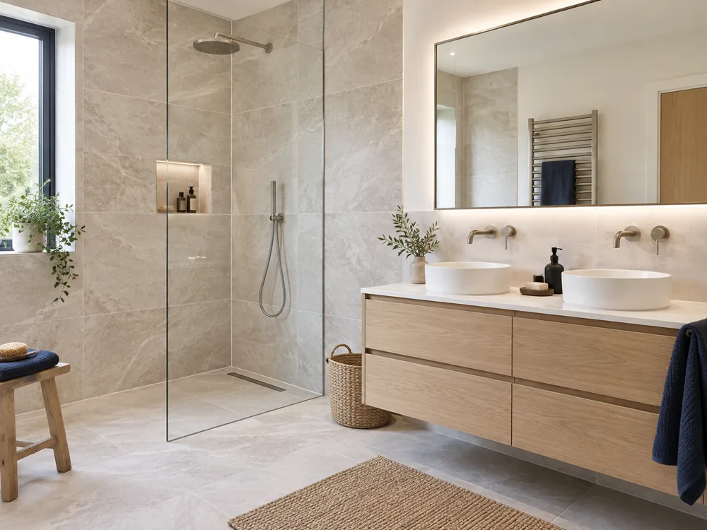 Salle de bains rénovée avec carrelage effet pierre