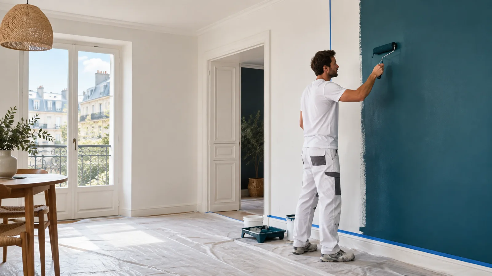 Artisan peintre appliquant soigneusement une peinture bleu nuit dans une pièce protégée